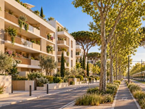 Résidence neuve aux façades claires dans un quartier arboré près du tramway : immobilier neuf Hôpitaux-Facultés Montpellier