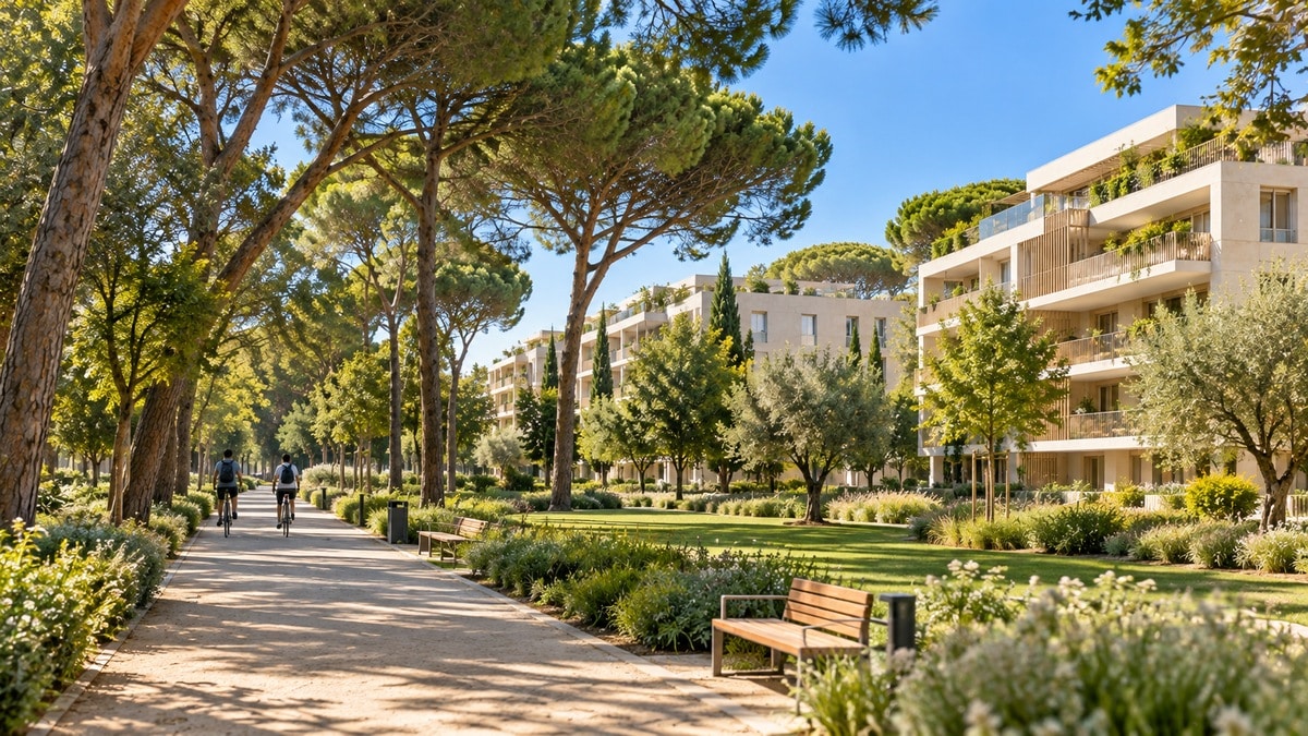 Allée ombragée d'un parc de pins en lisière de résidences claires, cadre de l'immobilier neuf Hôpitaux-Facultés Montpellier