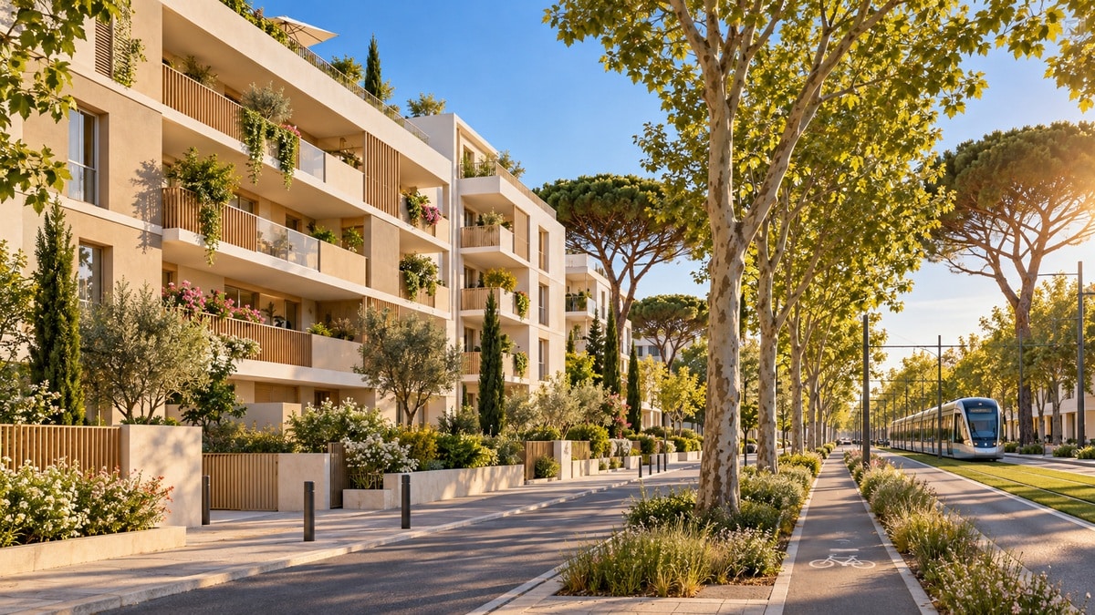 Résidence neuve aux façades claires dans un quartier arboré près du tramway : immobilier neuf Hôpitaux-Facultés Montpellier