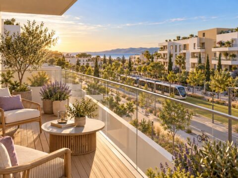 Appartement neuf Montpellier Sud : terrasse avec vue sur un écoquartier arboré desservi par le tramway