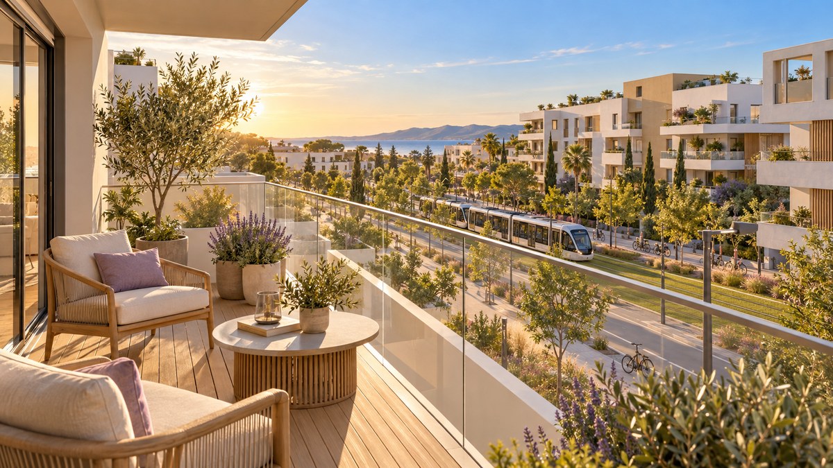 Appartement neuf Montpellier Sud : terrasse avec vue sur un écoquartier arboré desservi par le tramway