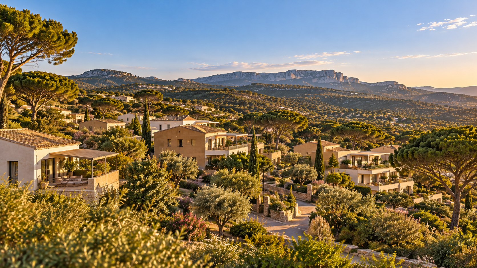 Village aux toits de tuiles entouré de pins et de garrigue, cadre de l'immobilier neuf nord Montpellier