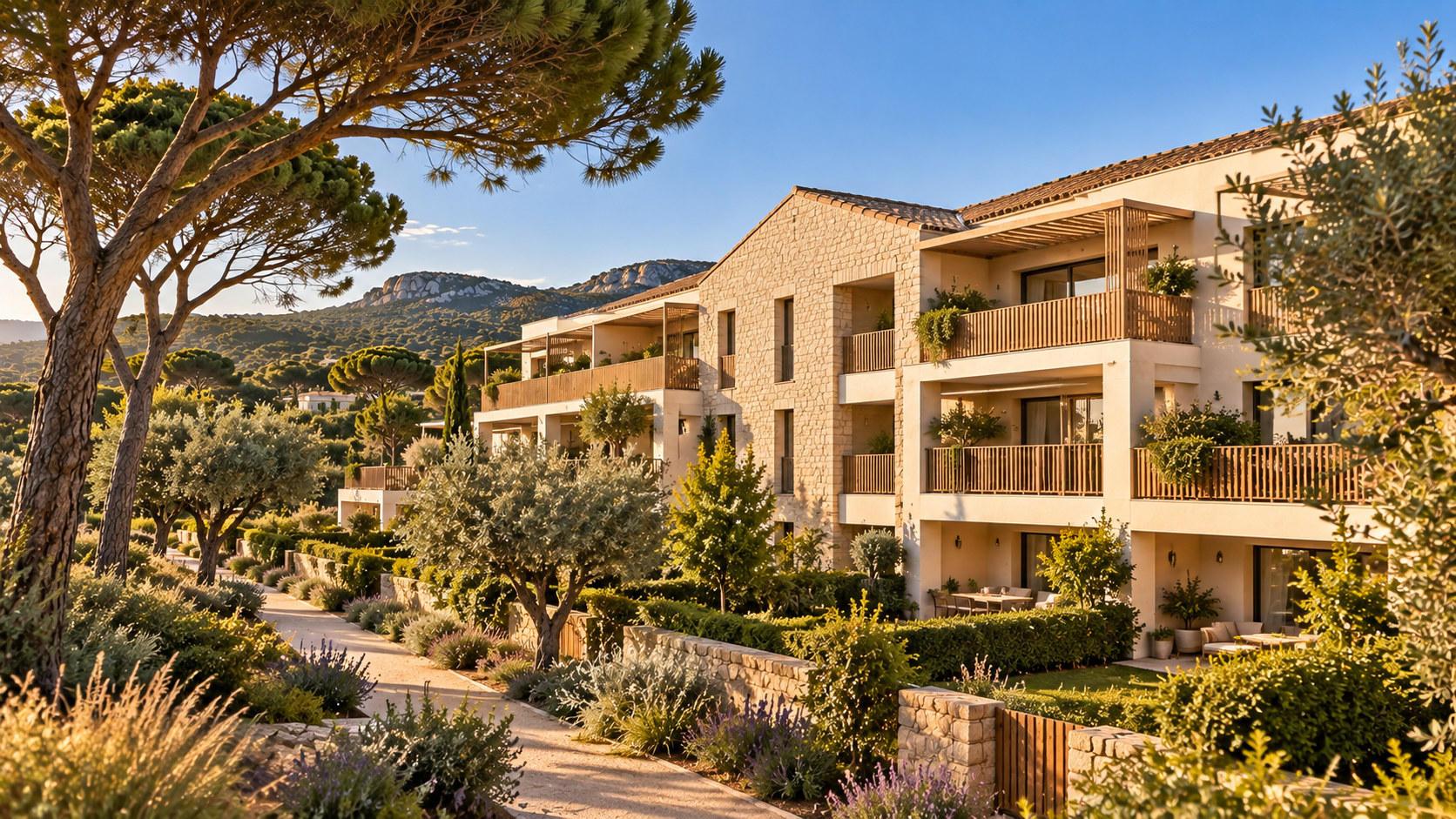 Résidence neuve avec terrasses en bois et jardin planté dans une pinède, immobilier neuf nord Montpellier
