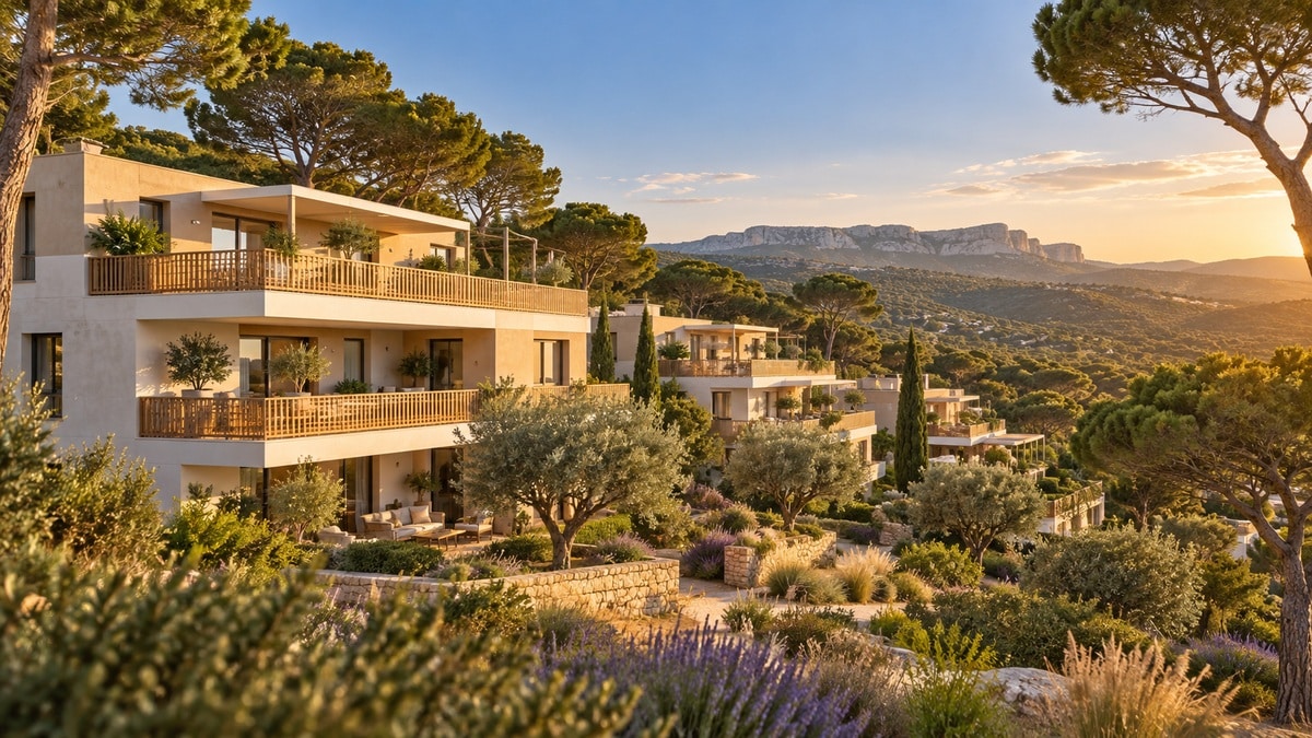 Résidence neuve entre pinède et collines de garrigue : immobilier neuf nord Montpellier dans l'Hérault