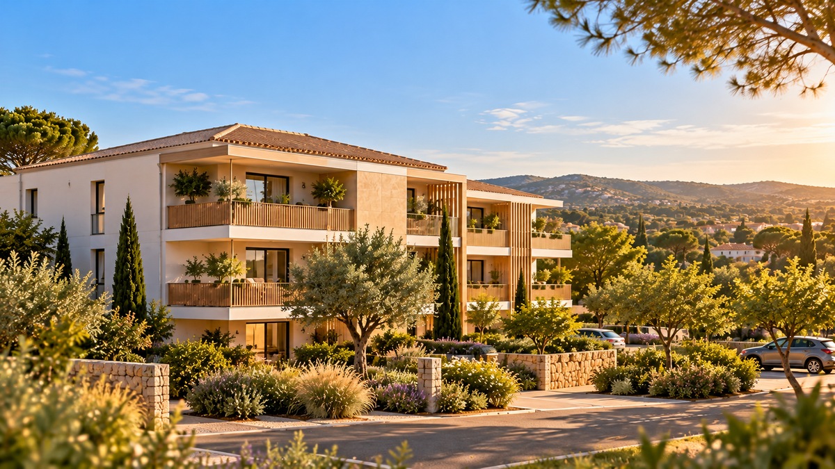 Petite résidence neuve avec balcons en bois et jardin près d’un étang, immobilier neuf à l’ouest de Montpellier