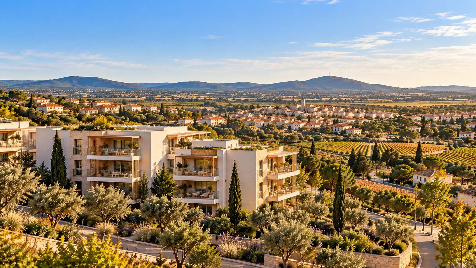 Village aux toits de tuiles entouré de vignes et de garrigue, illustration de l’ouest de Montpellier dans l’Hérault